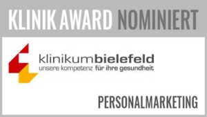 Beim KlinikAward 2019 hat in der Kategorie Bestes Personalmarketing das Klinikum Bielefeld das Projekt "Mitarbeitende als #teildesganzen und #alltagshelden" vorgestellt. Die Projektverantwortlichen sind Axel Dittmar (PR/Marketing) und Michael Ackermann (Geschäftsführung).