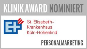 Beim KlinikAward 2019 hat in der Kategorie Bestes Personalmarketing das St. Elisabeth-Krankenhaus Köln-Hohenlind das Projekt "Pflegespeeddating - Ein "Date" mit neuen Kollegen" vorgestellt. Die Projektverantwortlichen sind Claudia Mansfeld (PR/Marketing) und Frank Dünnwald (Geschäftsführung).