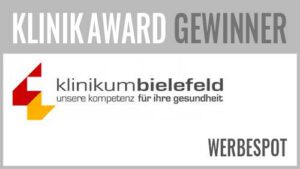 Beim KlinikAward 2017 hat in der Kategorie Bester Werbespot das Klinikum Bielefeld das Projekt "Darmkrebsvorsorge - etwas anders …" vorgestellt. Die Projektverantwortlichen sind Axel Dittmar (PR/Marketing) und Michael Ackermann (Geschäftsführung).