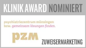 Beim KlinikAward 2019 hat in der Kategorie Bestes Zuweisermarketing das PZM Psychatriezentrum Münsingen das Projekt "Ganzheitliches Zuweisermanagement per Datenbank und Befragung" vorgestellt. Die Projektverantwortlichen sind Marion Ebinger (PR/Marketing) und Rolf Ineichen (Geschäftsführung).